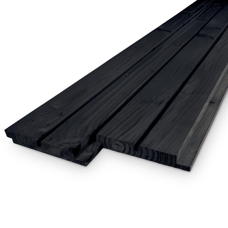 Zwart gebeitst douglas dubbel blokprofiel (50/50) - 27x130 mm - geschaafd - dubbel rhombusprofiel - zwart douglashout KD 18-20% Zwart gebeitst douglas dubbel blokprofiel (50/50) - 27x130 mm - geschaafd - dubbel rhombusprofiel - zwart douglashout KD 18-20%