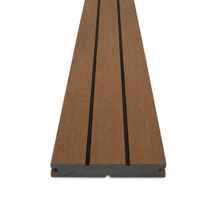 Composiet vlonderplank - teak look - 22x146 mm - geborsteld (optiek) - gegroefde terrasplank met blinde bevestiging - houtcomposiet Composiet vlonderplank - teak look - 22x146 mm - geborsteld (optiek) - gegroefde terrasplank met blinde bevestiging - houtcomposiet