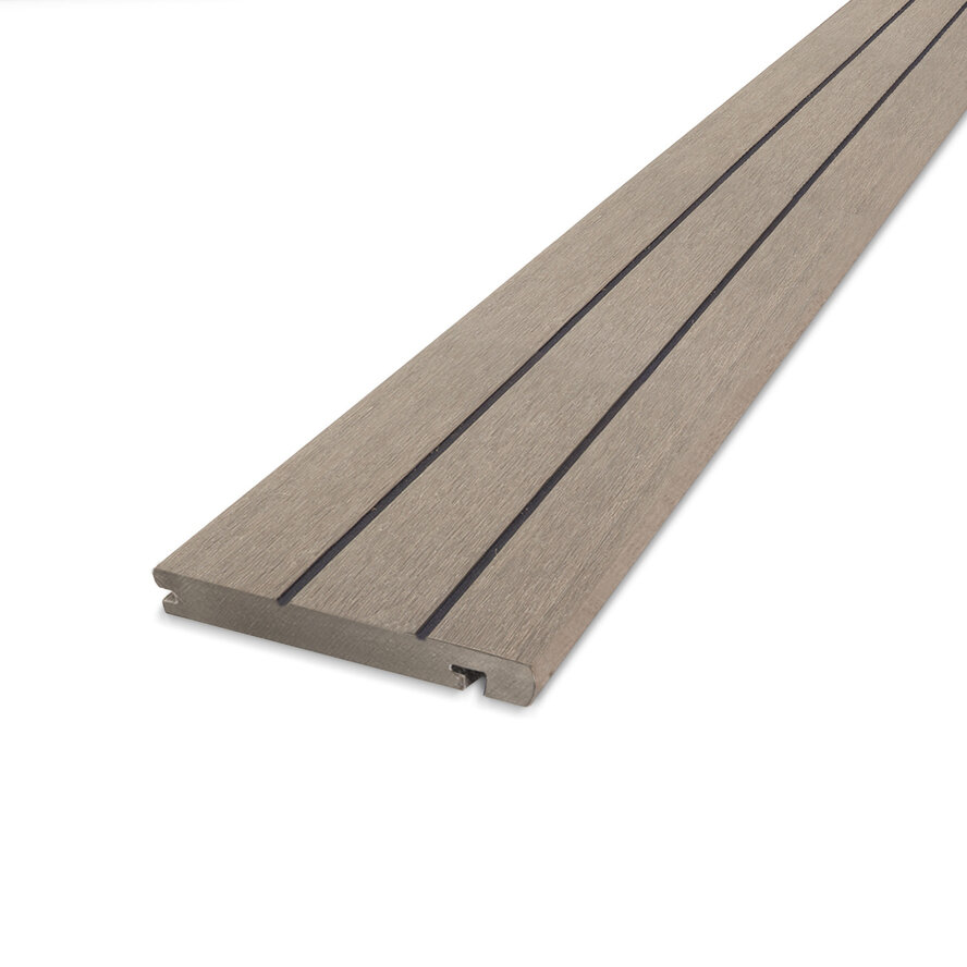 Composiet randplank - vergrijsd hout look - 22x146 mm - met groeven - eindplank / dekrandplank met blinde bevestiging - houtcomposiet Composiet randplank - vergrijsd hout look - 22x146 mm - met groeven - eindplank / dekrandplank met blinde bevestiging - houtcomposiet