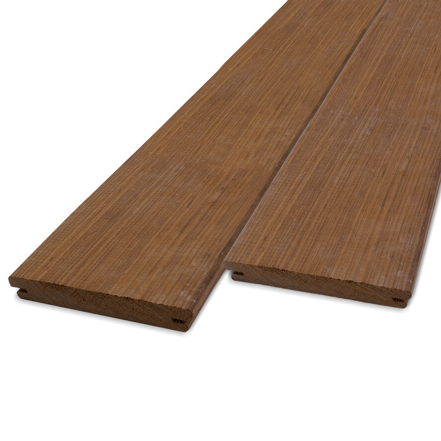 Thermo tauari B-fix plank - 21x140 mm - geschaafd - B-fix rabat- & vlonderplank - thermisch gemodificeerd tauari hout KD 8-12% Thermo tauari B-fix plank - 21x140 mm - geschaafd - B-fix rabat- & vlonderplank - thermisch gemodificeerd tauari hout KD 8-12%