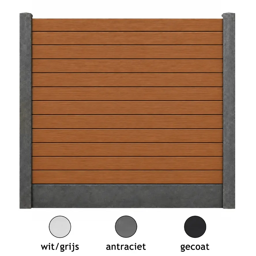 Composiet schutting - teak look - zelfbouw schutting met betonpalen en onderplaat - grijs/wit, antraciet of gecoat beton - 200x200 cm - houtcomposiet zelfbouw schutting Composiet schutting - teak look - zelfbouw schutting met betonpalen en onderplaat - grijs/wit, antraciet of gecoat beton - 200x200 cm - houtcomposiet zelfbouw schutting