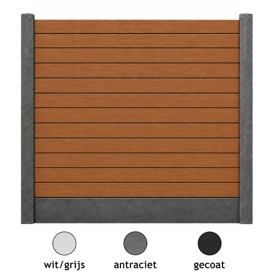 Composiet schutting - teak look - zelfbouw schutting met betonpalen en onderplaat - grijs/wit, antraciet of gecoat beton - 200x200 cm - houtcomposiet zelfbouw schutting Composiet schutting - teak look - zelfbouw schutting met betonpalen en onderplaat - grijs/wit, antraciet of gecoat beton - 200x200 cm - houtcomposiet zelfbouw schutting