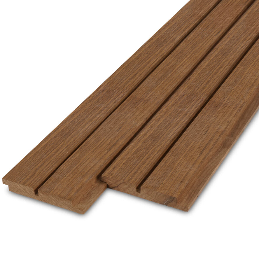 Thermo tauari dubbel blokprofiel (50/50) - 21x125 mm - geschaafd - blokprofiel - thermisch gemodificeerd tauari hout KD 8-12% Thermo tauari dubbel blokprofiel (50/50) - 21x125 mm - geschaafd - blokprofiel - thermisch gemodificeerd tauari hout KD 8-12%
