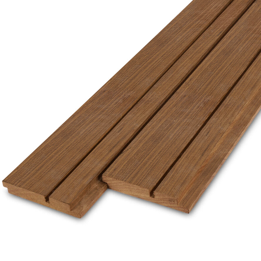 Thermo tauari dubbel blokprofiel (70/30) - 21x125 mm - geschaafd - blokprofiel - thermisch gemodificeerd tauari hout KD 8-12% Thermo tauari dubbel blokprofiel (70/30) - 21x125 mm - geschaafd - blokprofiel - thermisch gemodificeerd tauari hout KD 8-12%