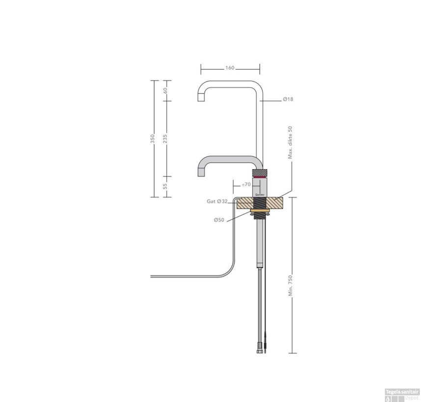 Quooker Nordic Square RVS kokendwaterkraan met PRO3-VAQ boiler