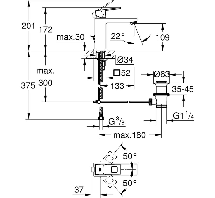 GROHE Eurocube eengreeps wastafelmengkraan M-size, hard graphite geborsteld (mat donkergrijs)