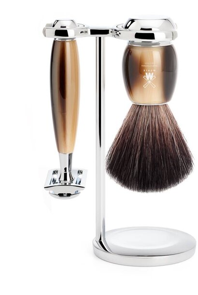 Shaving set safety razor and synthetic hair - Horn brown
