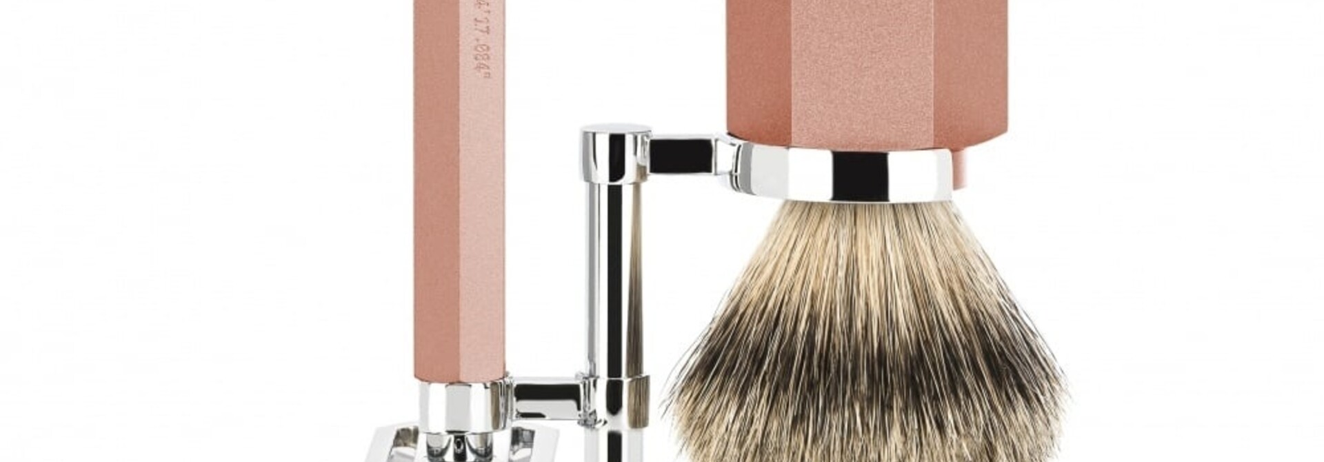 Scheerset Hexagon Sunrise met Silvertip Dassenhaar Scheerkwast