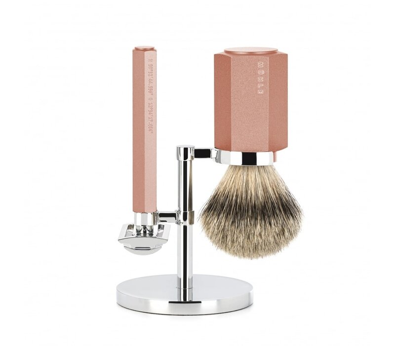 Scheerset Hexagon Sunrise met Silvertip Dassenhaar Scheerkwast