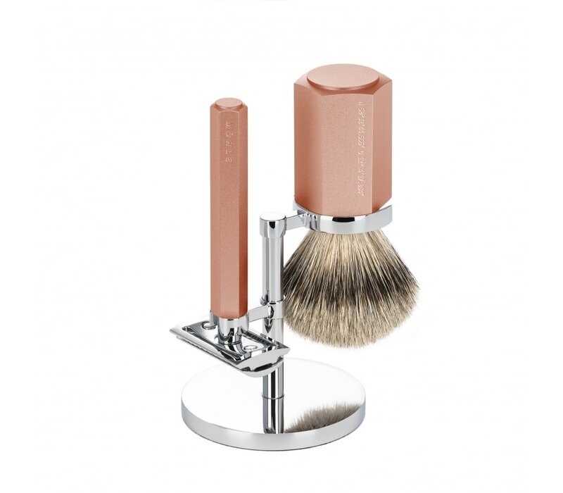 Scheerset Hexagon Sunrise met Silvertip Dassenhaar Scheerkwast
