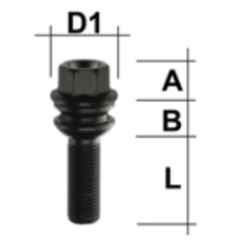 schwarze Radschraube M14x1,5  Kugelbund beweglich L=53 mm SW 19