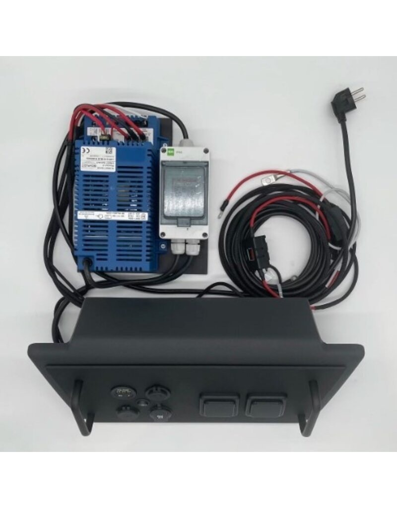 Electric block for establishing a landline power connection on the VW T5-T6.1 incl. charger