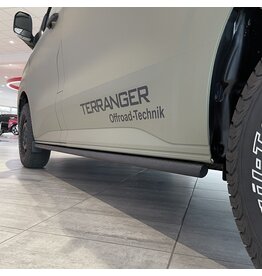 Rocker guards (rocksliders), for Ford Transit / Tourneo Custom V710 & VW T7 - L1 (short wheelbase) - black, powder-coated by Terranger