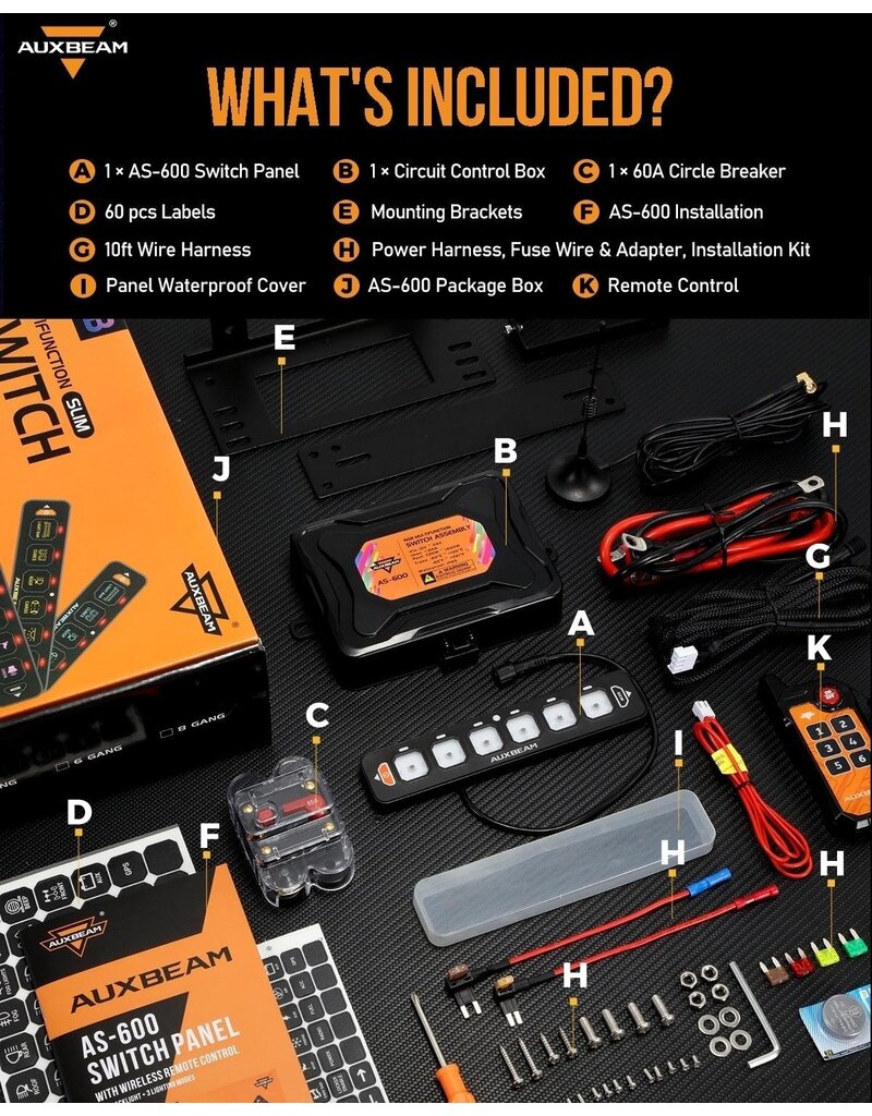 Auxbeam AS-600 RGB Slim 6 Button Switch Panel with APP&Remote Control, Toggle/ Momentary/ Pulsed Mode Supported(One-Sided Outlet)