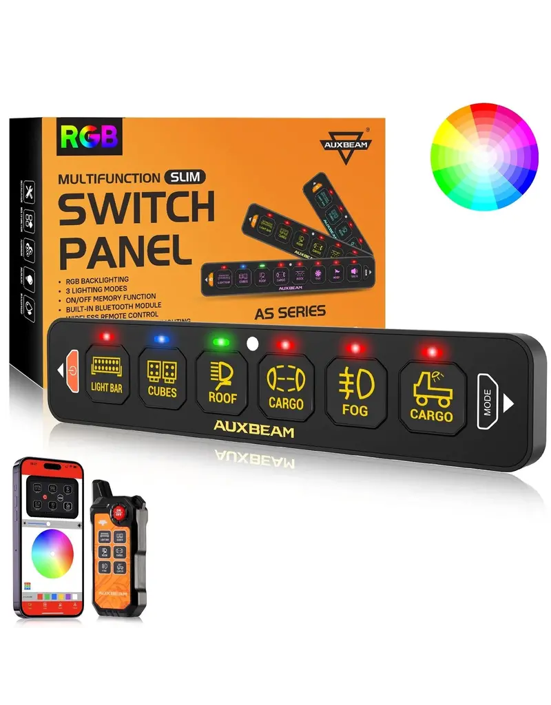 Auxbeam AS-600 RGB Panneau de commande mince à 6 boutons avec APP et télécommande, modes bascule/momentané/pulsé pris en charge (sortie unilatérale)