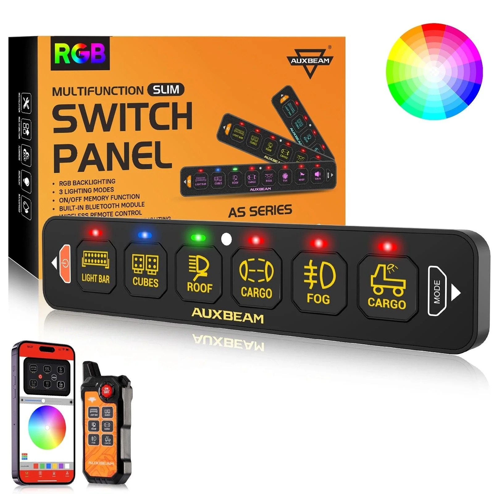 Auxbeam AS-600 RGB Panneau de commande mince à 6 boutons avec APP et télécommande, modes bascule/momentané/pulsé pris en charge (sortie unilatérale)