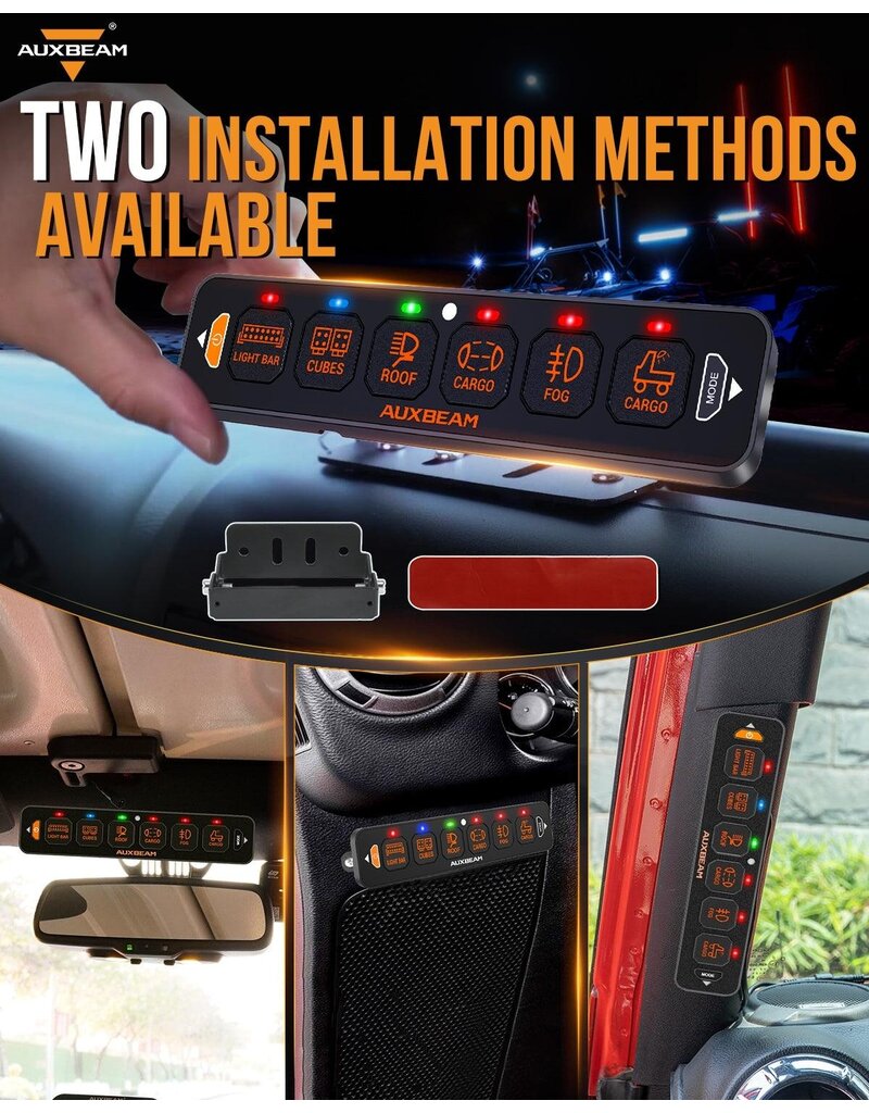 Auxbeam AS-600 RGB Slim 6 Button Switch Panel with APP&Remote Control, Toggle/ Momentary/ Pulsed Mode Supported(One-Sided Outlet)