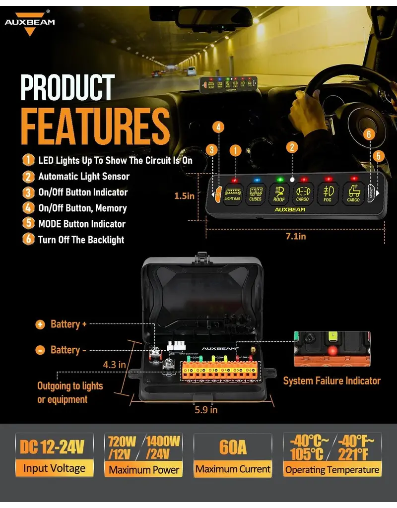 Auxbeam AS-600 RGB Slim 6 Button Switch Panel with APP&Remote Control, Toggle/ Momentary/ Pulsed Mode Supported(One-Sided Outlet)