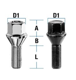 Wheel bolt 60° tapered collar M14x1.5 L=40 mm , SW 17, black or silver galvanised
