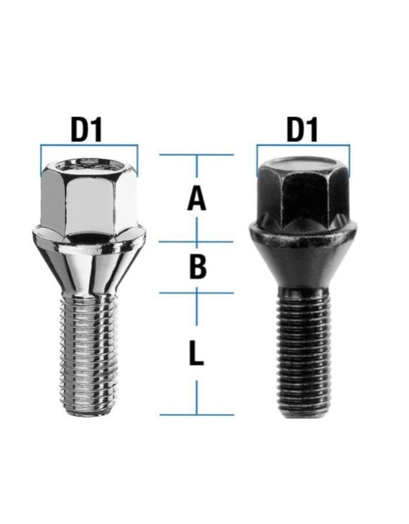 Vis de roue collerette conique 60° M14x1,5 L=40 mm noir ou argent galvanisé