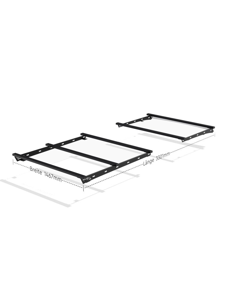 long Basic Space Rack – modular universal roof rack system for Ford Transit/Tourneo Custom (V710/NRN/NXN) & VW Transporter T7 (MSN) with long wheel base
