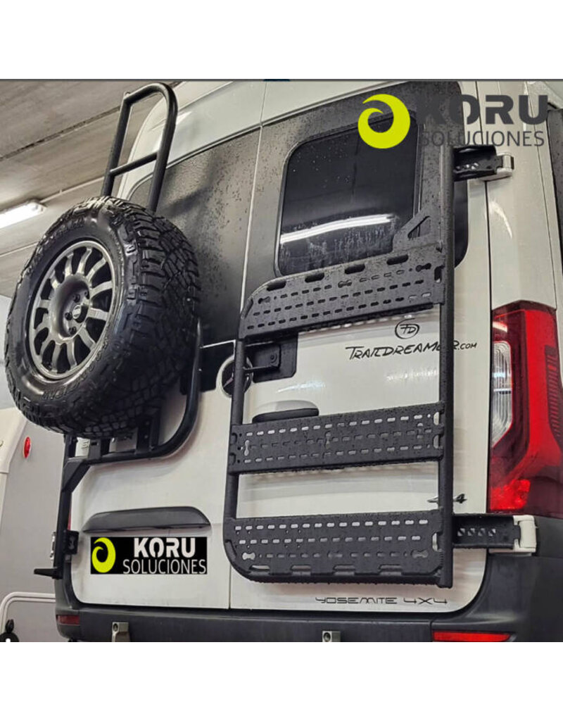 Universal half-height rear carrier system for the right door for attaching aluminum boxes, bike racks, or other accessories; for MB Sprinter 906 with 180° hinge