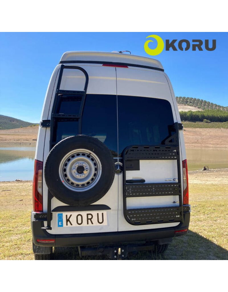 Universal half-height rear carrier system for the right door for attaching aluminum boxes, bike racks, or other accessories; for VW Crafter 2017+/MAN TGE with 180° hinges