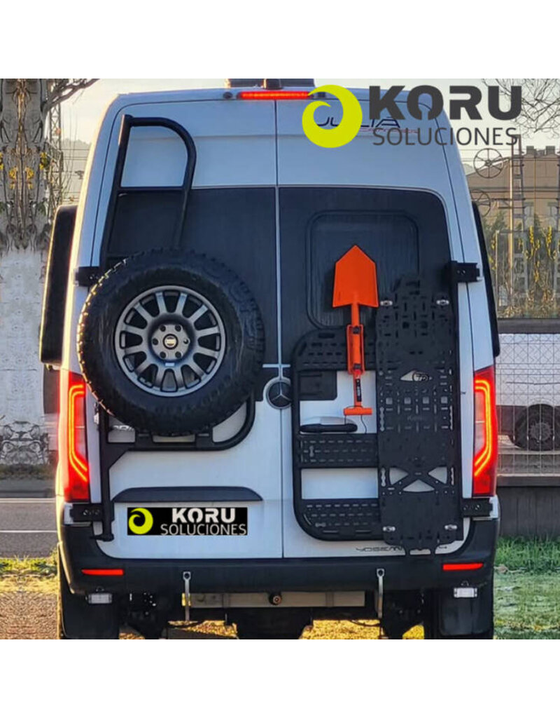 Universal half-height rear carrier system for the right door for attaching aluminum boxes, bike racks, or other accessories; for VW Crafter 2017+/MAN TGE with 180° hinges