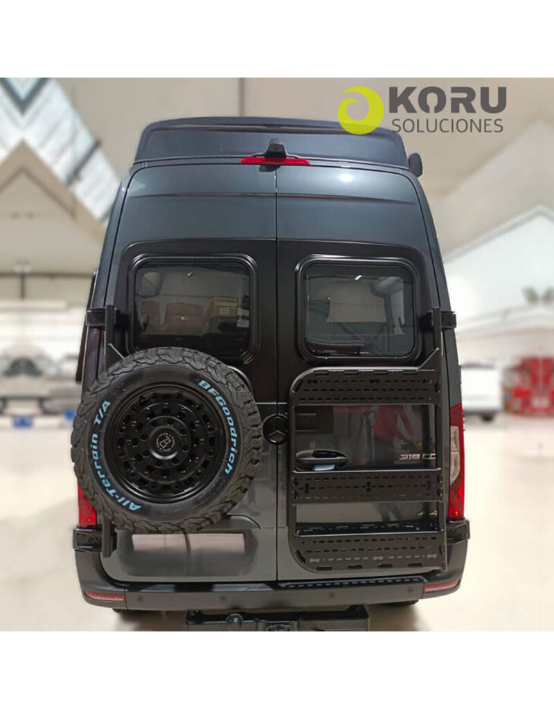 Universal half-height rear carrier system for the right door for attaching aluminum boxes, bike racks, or other accessories; for FIAT DUCATO-CITROEN JUMPER -PEUGEOT BOXER-OPEL MOVANO C with 180° hinges