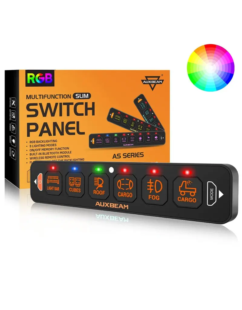 Auxbeam AS-R60  - 6 Gang RGB Slim Switch Panel, Toggle/ Momentary/ Pulsed Mode Supported