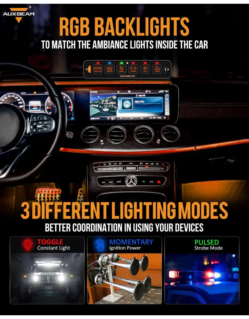 Auxbeam AS-R60 6-fach RGB-Schalterpanel, Kipp-/Moment-/Impulsmodus unterstützt