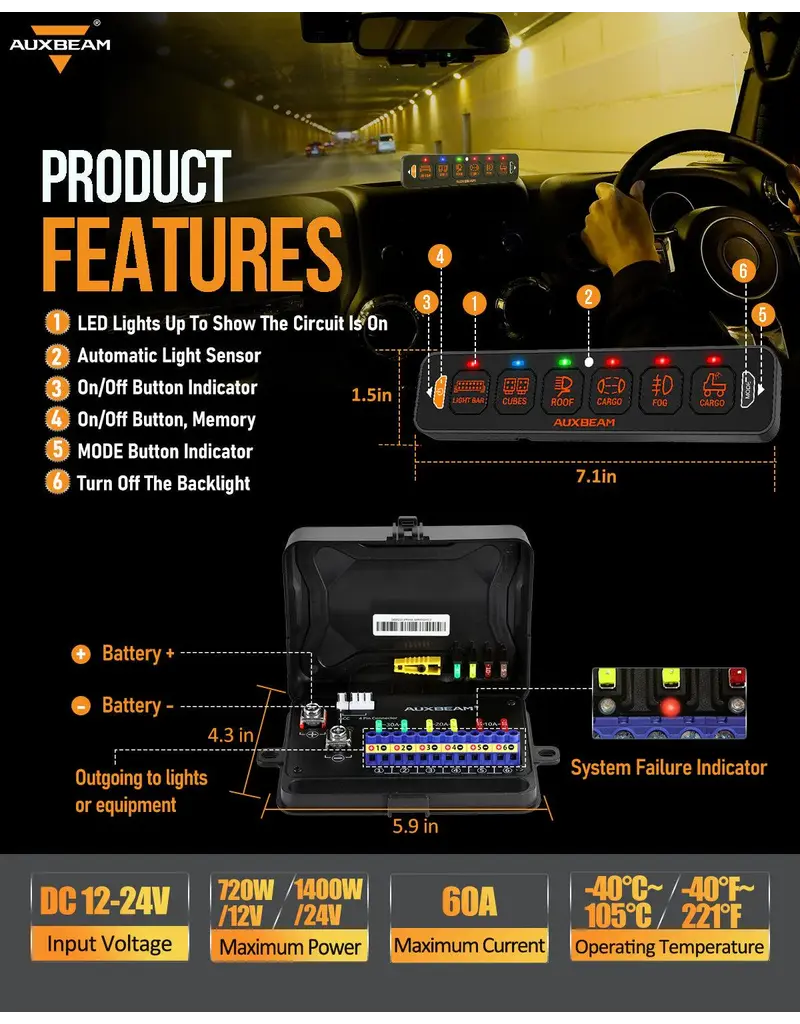 AUXBEAM AS-R60 Panneau de commutation RGB à 6 voies, modes bascule/momentané/pulsé pris en charge