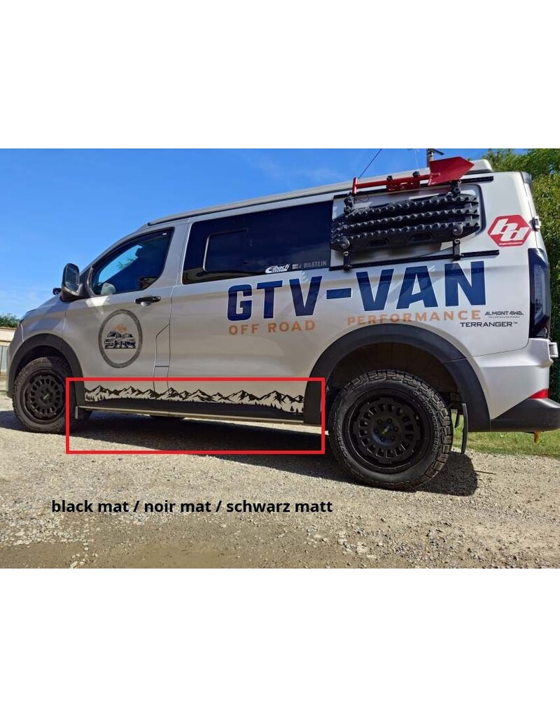 Panneaux de protection latéraux pour Ford Transit / Tourneo Custom 2025+ et VW New Transporter T7 (V710/NRN/NXN), empattement court (L1) noir mat ou brillant, argent ou aspect carbone