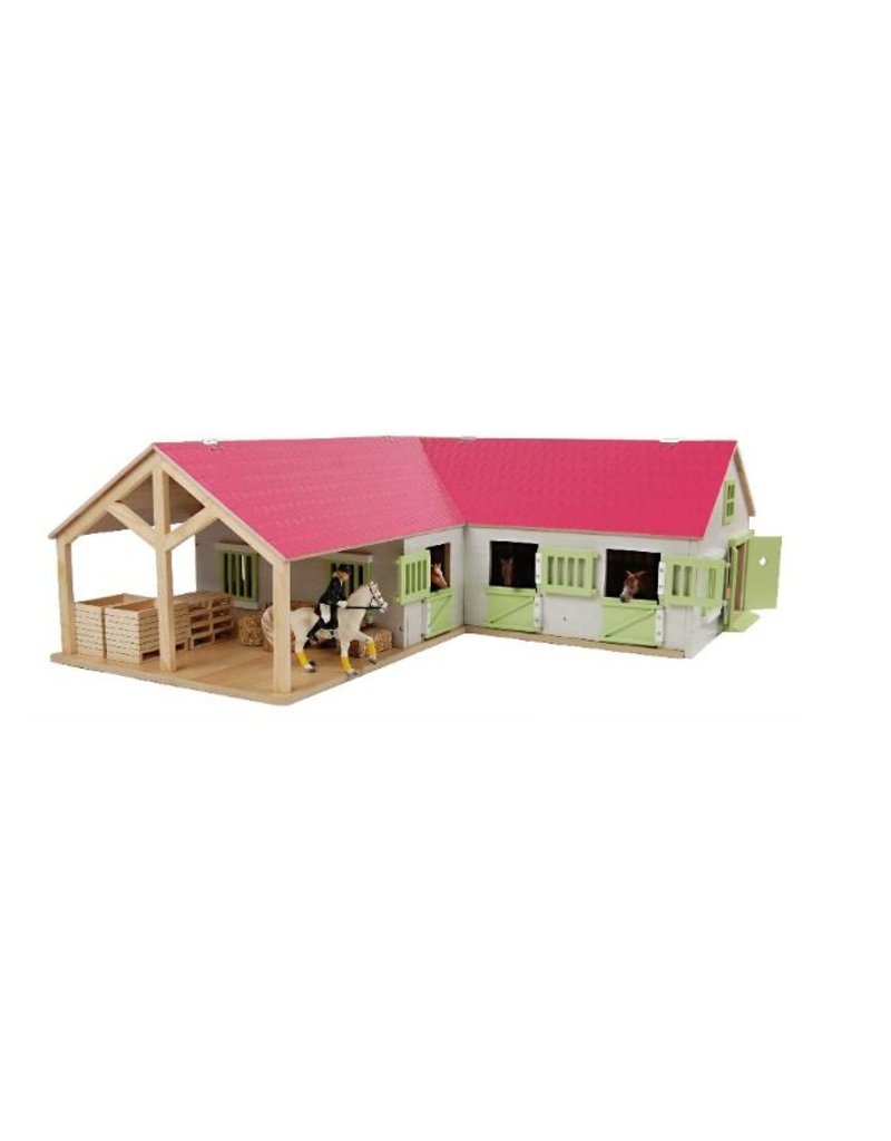 Kids Globe 610210 - Paardenhoekstal met3 boxen en berging1:24 wit/roze (geschikt voor Schleich)