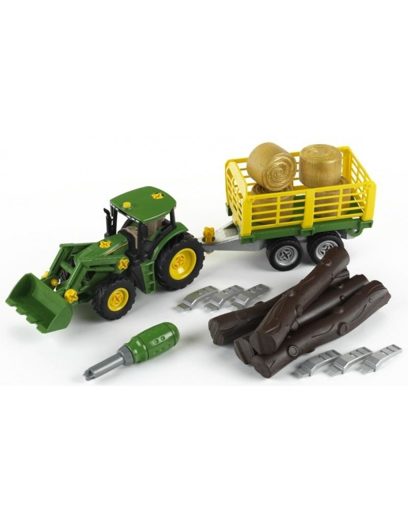 Theo Klein 3906 - John Deere trekker met voorlader en aanhanger voor hout en hooi.