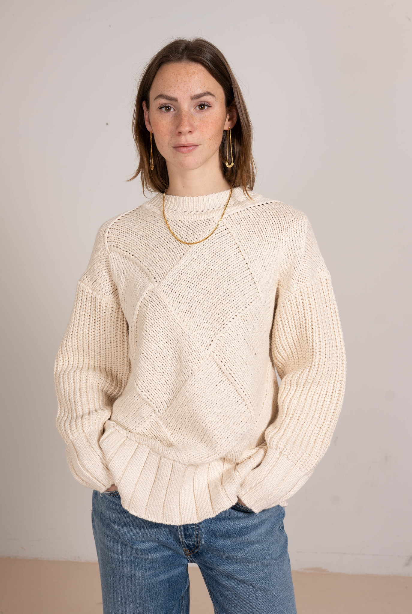 Rd Nk Ls-Handknit Cotton Ivory