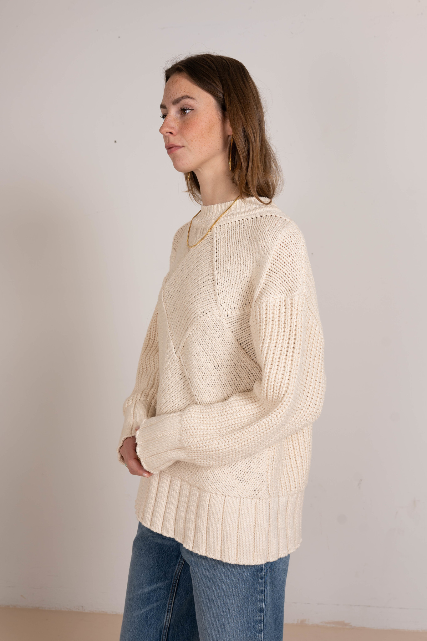 Rd Nk Ls-Handknit Cotton Ivory