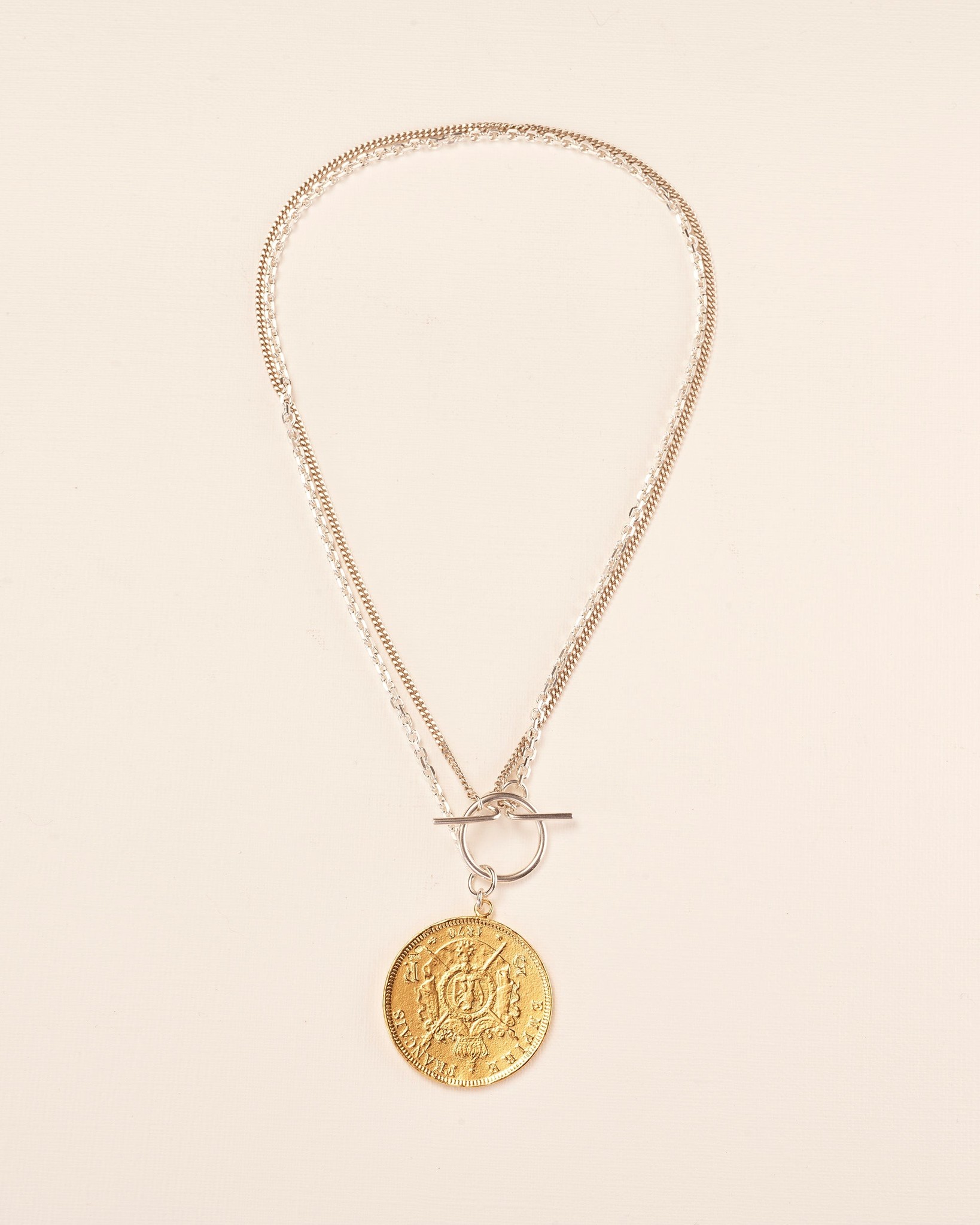 Long/short necklace with coin and T-clasp silver goldplated