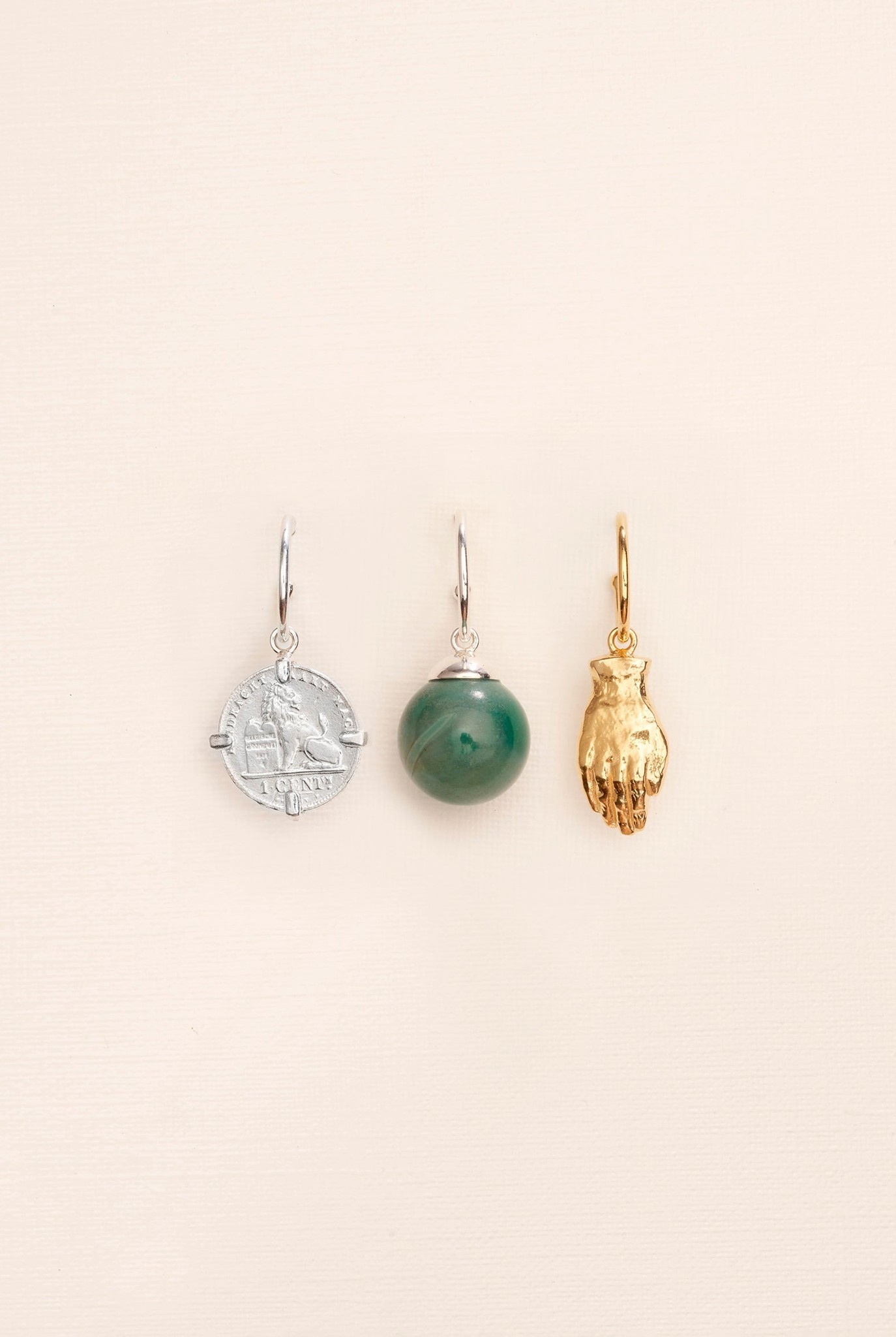 Triple charm hoops with coin, hand and green agate ball in gold-plated and silver