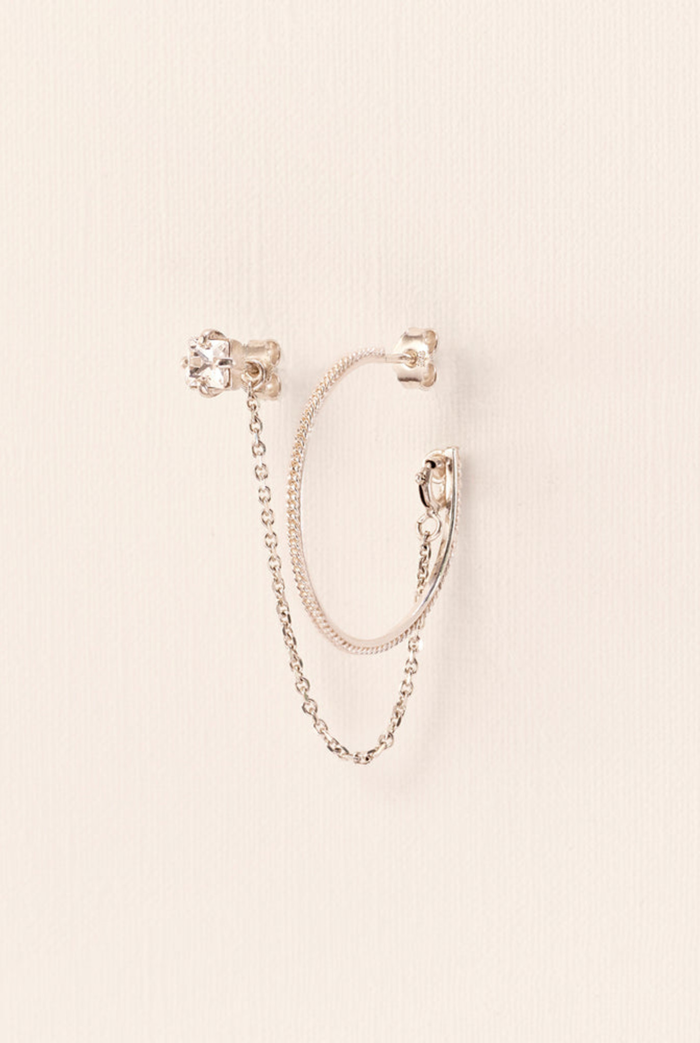 'Chapters' hoop earring and crystal stud with chain silver