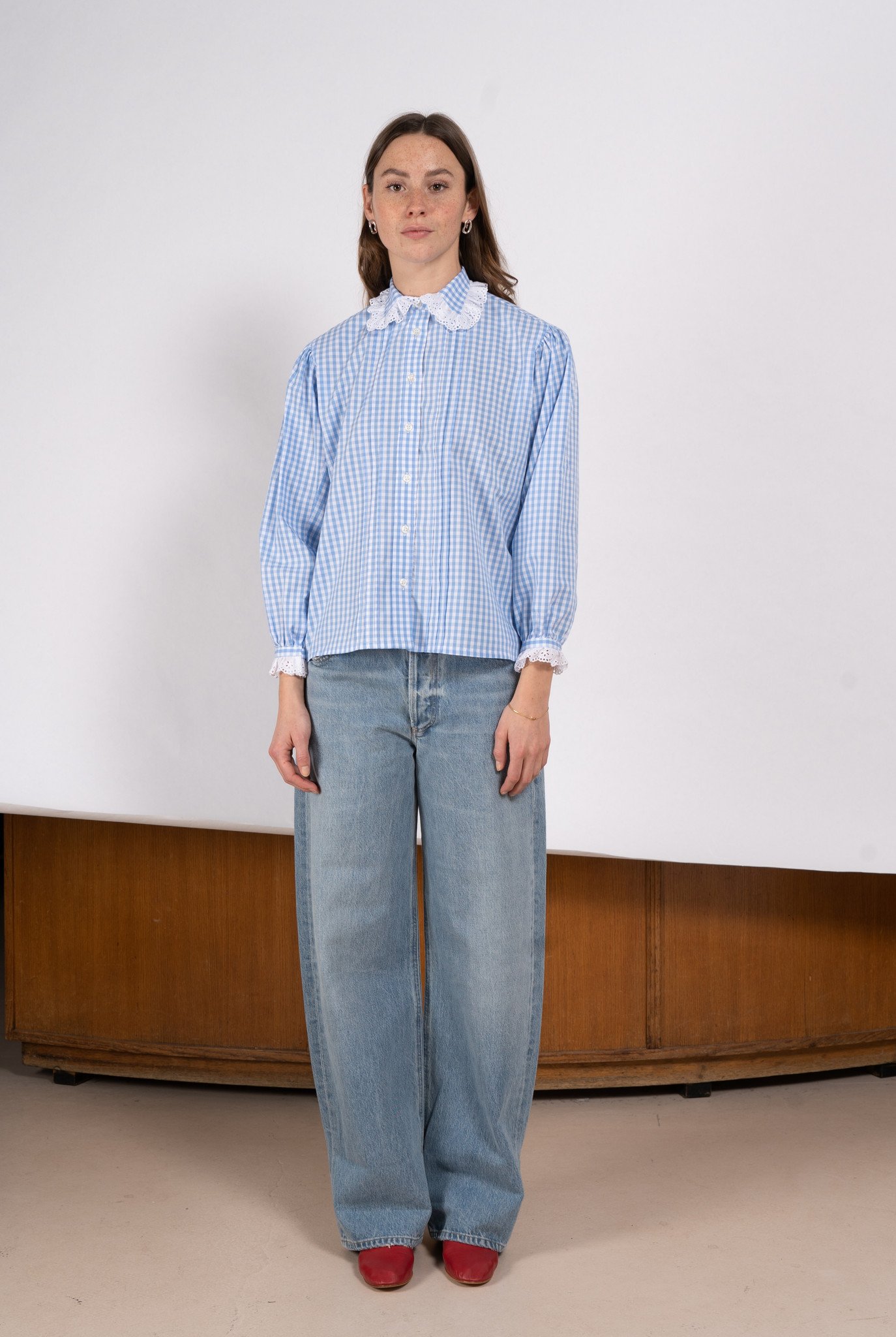 Jane Gingham blouse w/French broderie Light Blue