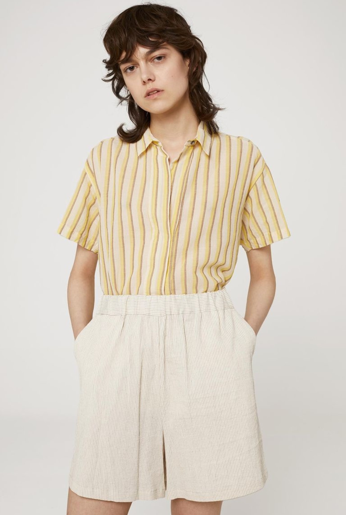 Short sleeve cotton linen stripe shirt Mustard