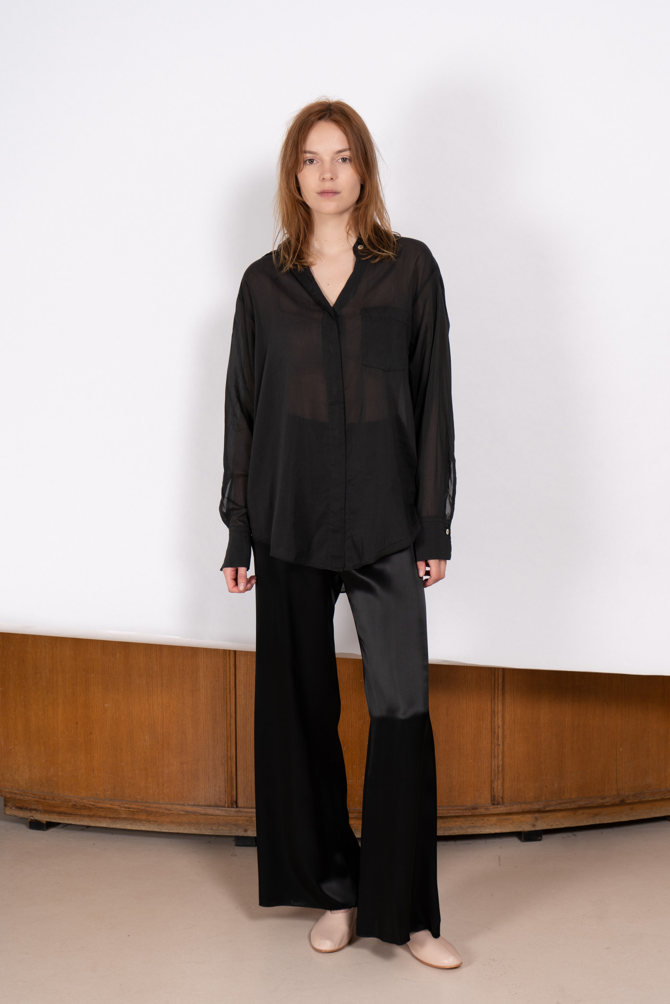 Cotton silk voile oversize shirt Black