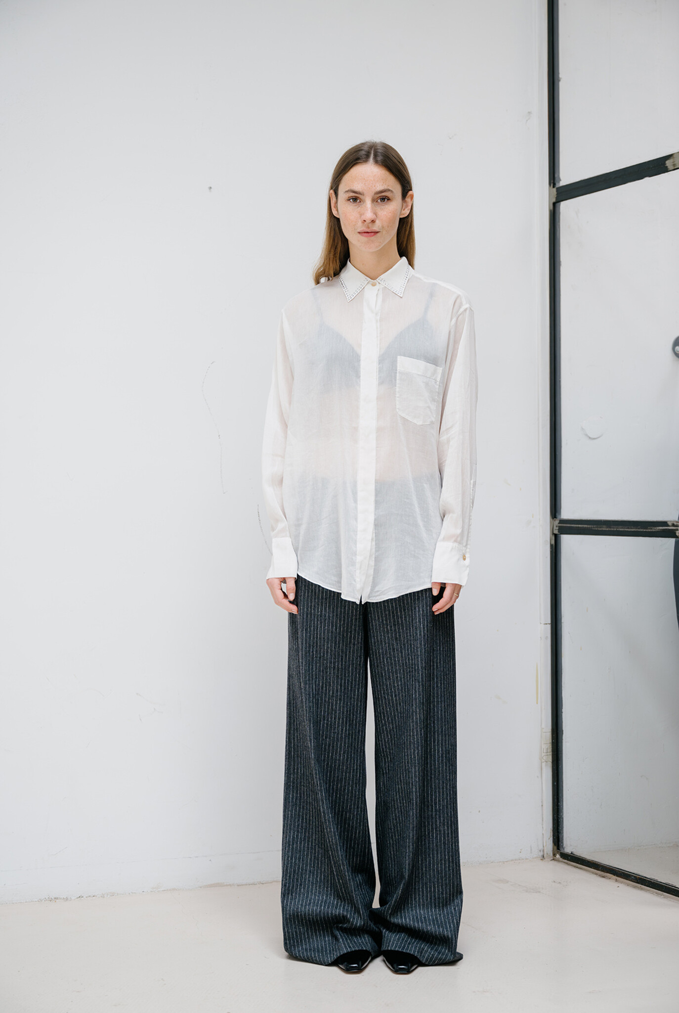 Cotton silk voile oversized shirt with strass White