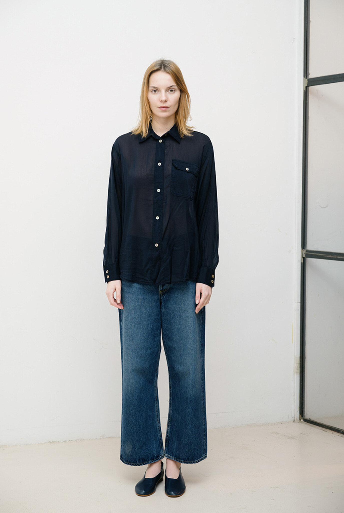 Cotton silk voile oversized shirt with pocket Navy