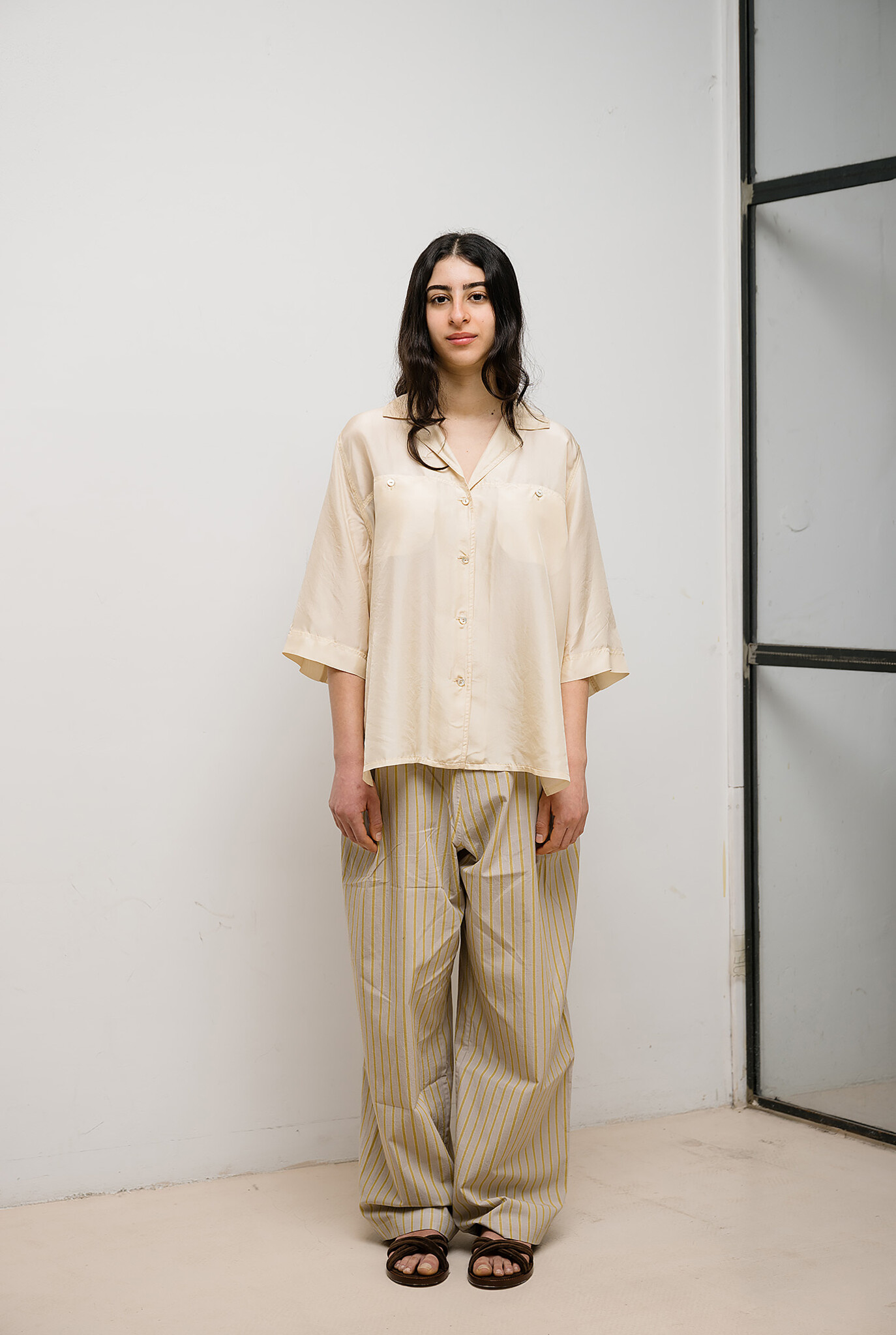 Habotai silk half sleeves shirt Oat