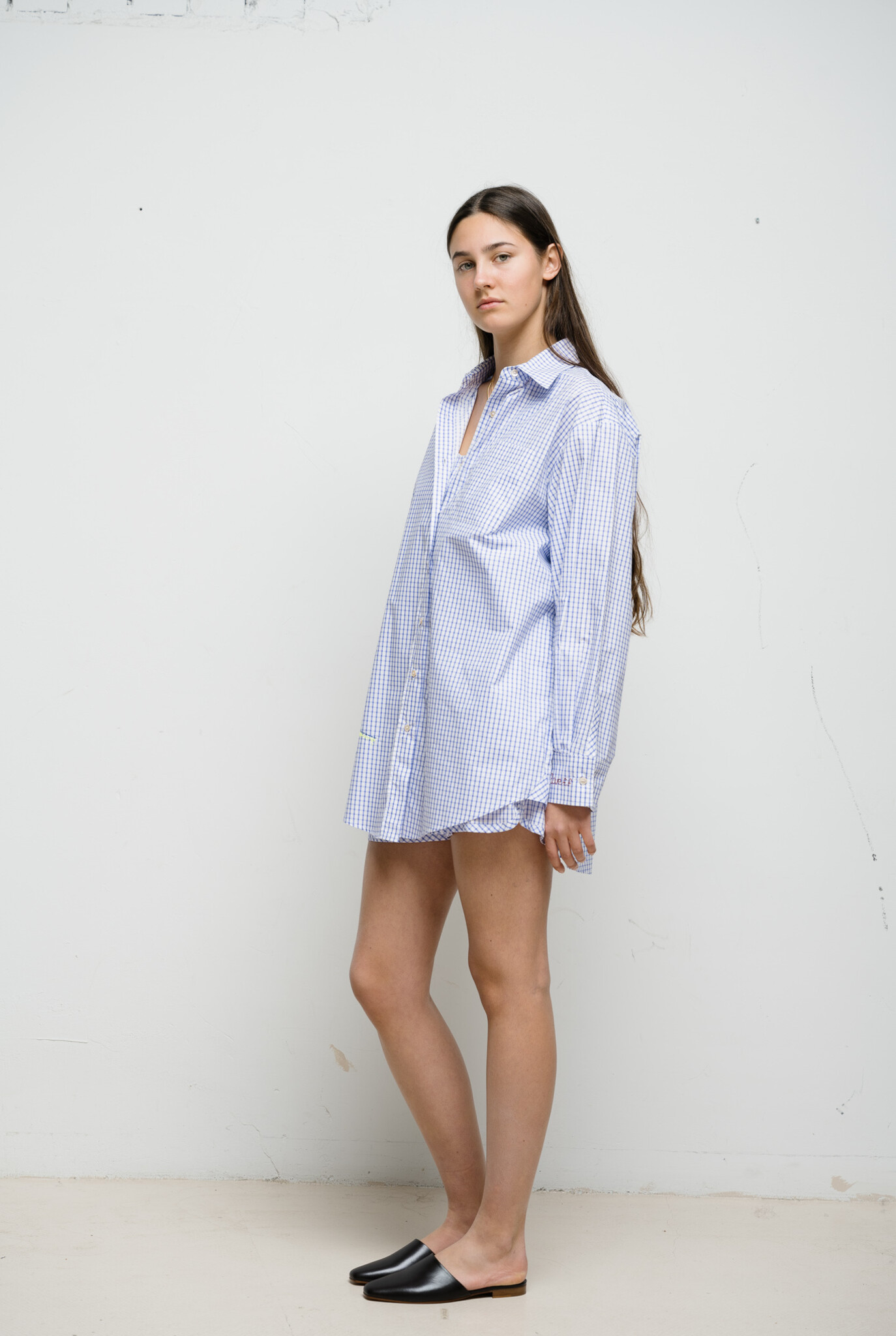 Poplin check shirt with embroidery Lilac