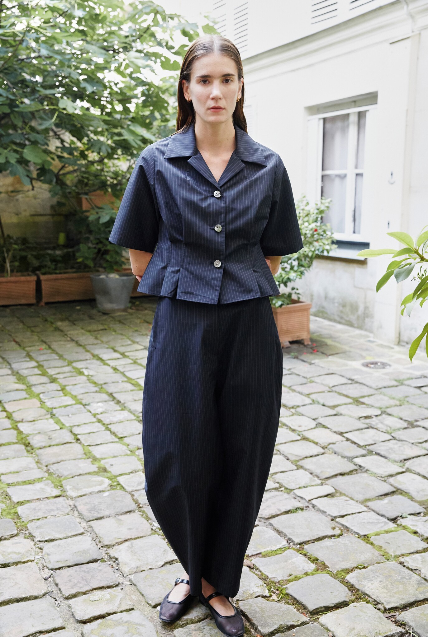 Stripe half Sleeve Darts Blouse Navy