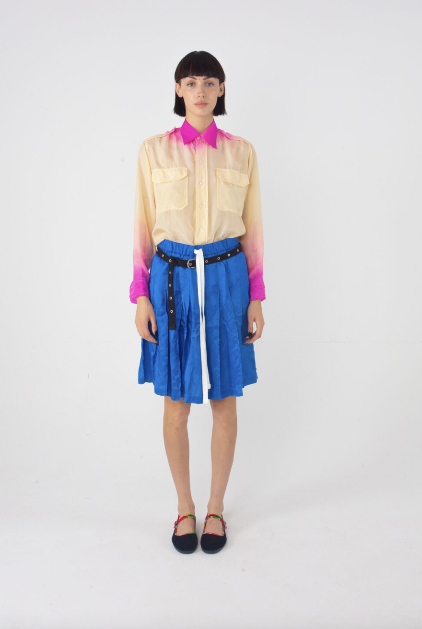 Loic Unisex Military Styled Silk Shirt Ecru Neon Pink