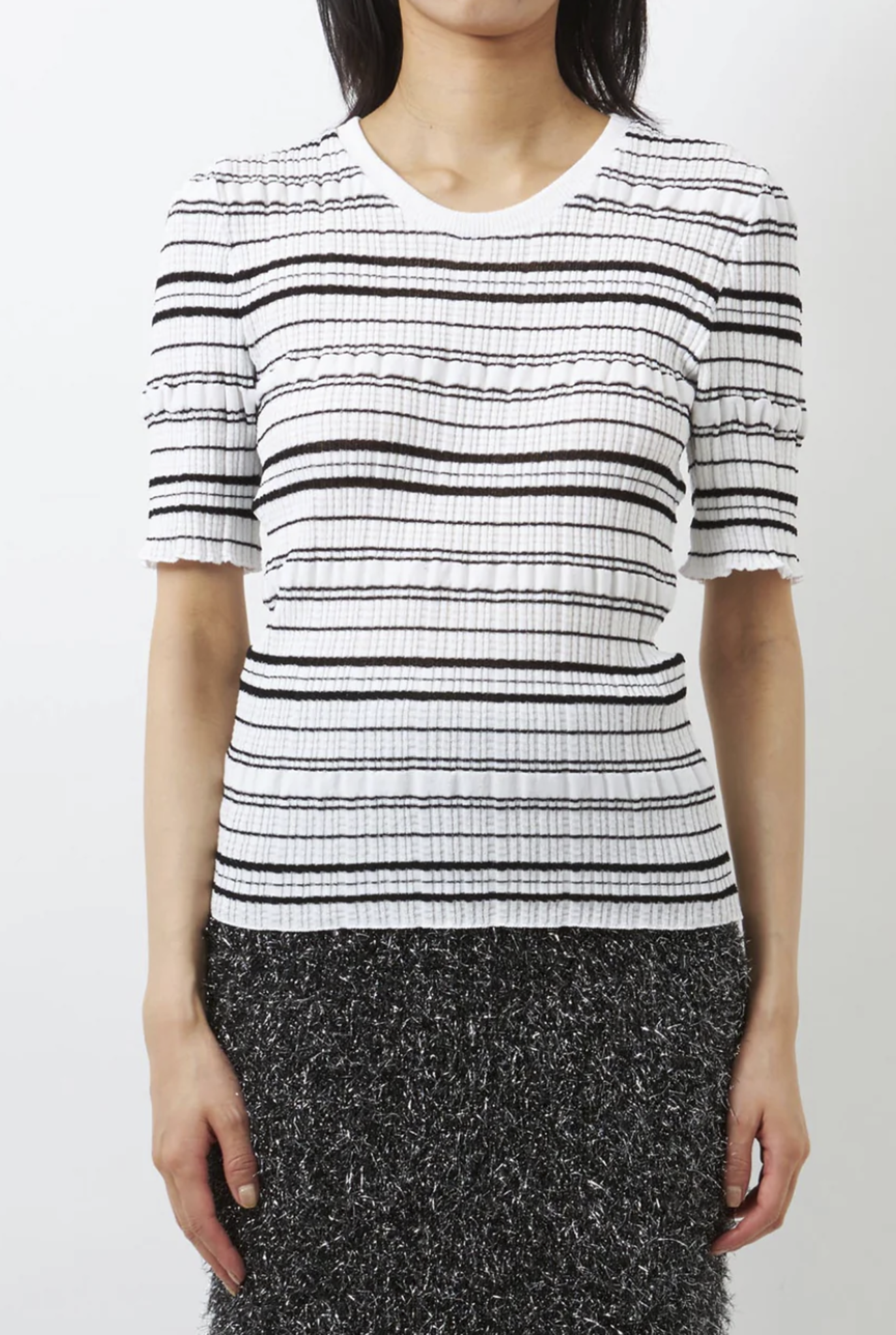 Stripe rib half sleeve top black /white